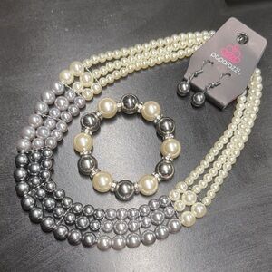 Paparazzi Silver and Cream Pearl Necklace Set Dangle Earrings Stretch Bracelet